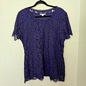 Isaac Mizrahi Live Womens Shirt XL Navy Lace Overlay Blouse Tunic Top